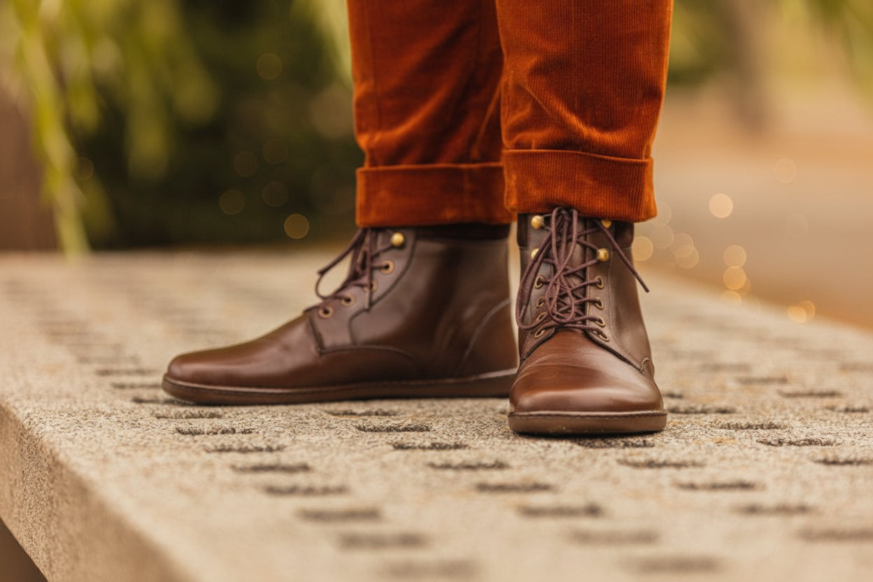 Eine Person, die braune Lederstiefel mit Schnürung und orangefarbene Cordhosen trägt, steht auf einer strukturierten Betonfläche. Die Stiefel haben goldene Ösen und dunkelbraune Schnürsenkel. Die Hosen sind hochgekrempelt, sodass die Stiefel vollständig sichtbar sind. Der Hintergrund ist unscharf und lässt auf eine Außenkulisse schließen.