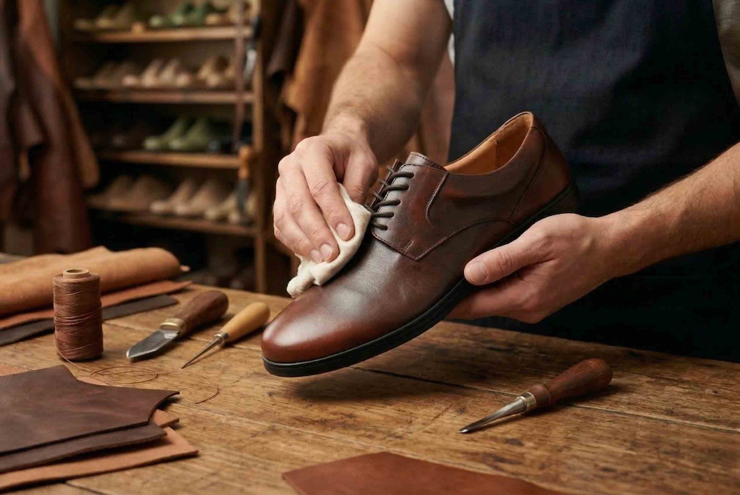 ZAQQ Barfußschuhe Manufaktur - brauner Leder Barfußschuh in der Produktion